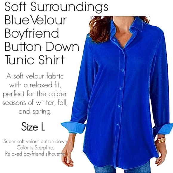 Soft Surroundings Blue Velour Boyfriend Button Down Tunic Shirt - Picture 16 of 16